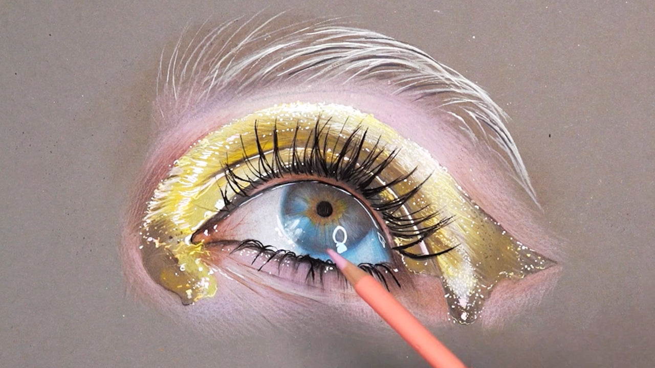 Makeup Design of a realistic eye drawing with golden makeup and light eyebrow by Liza Kondrevich