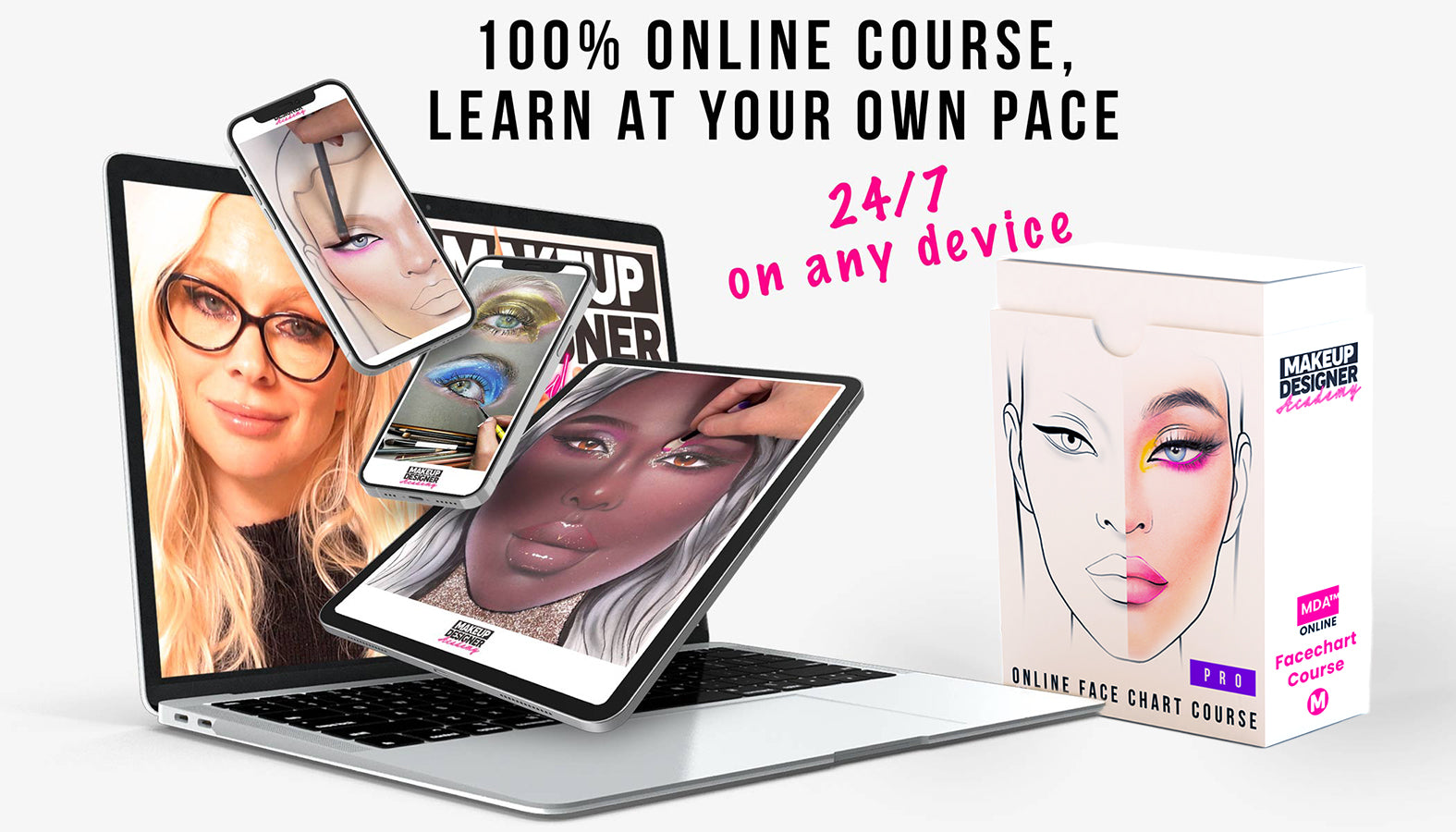 multiple devices showing screenshots of the makeup designer course by liza kondrevich and a product package of makeup designer academy's online face chart makeup course