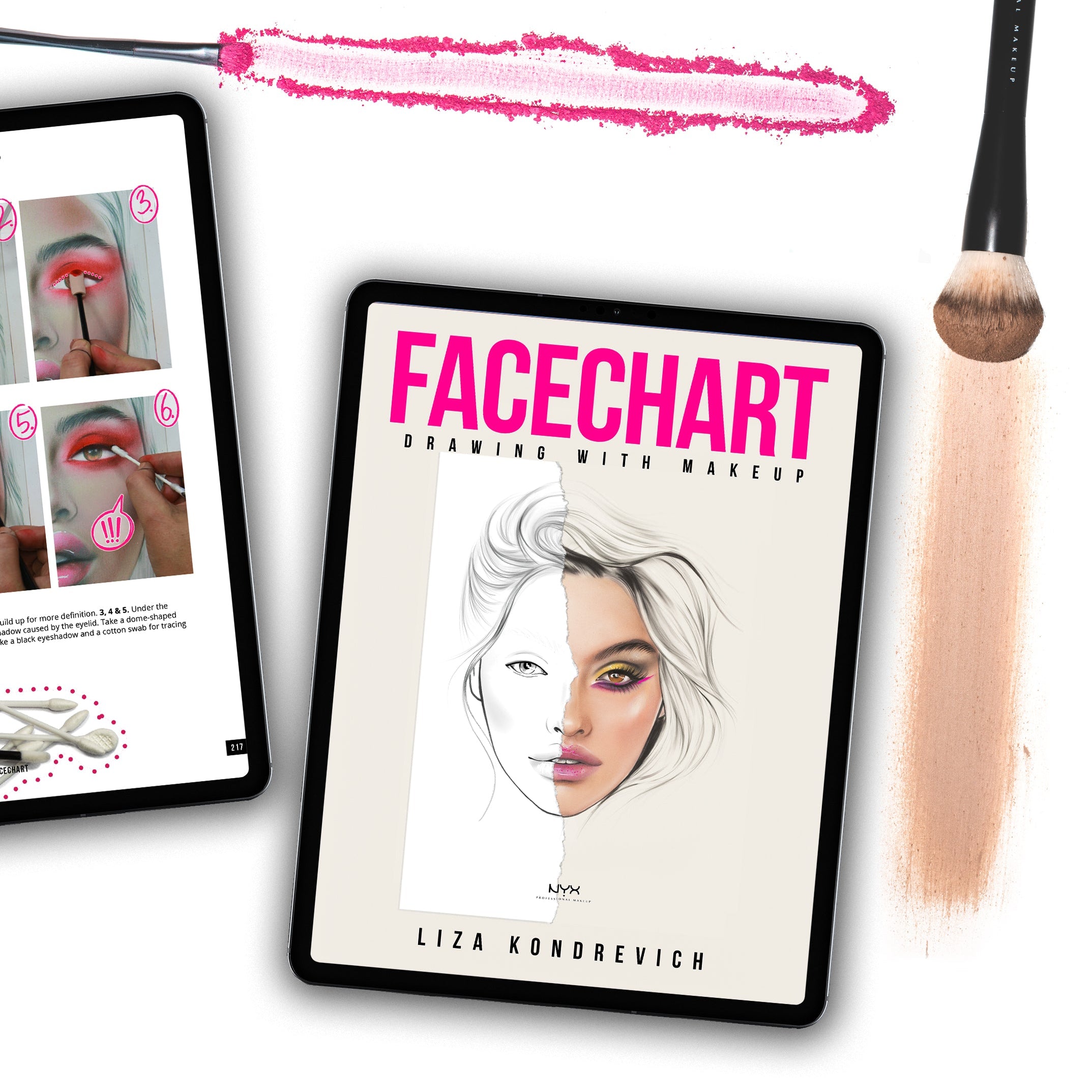 Digital version of the face chart book by liza kondrevich on a digital device and some makeup brushes in powder