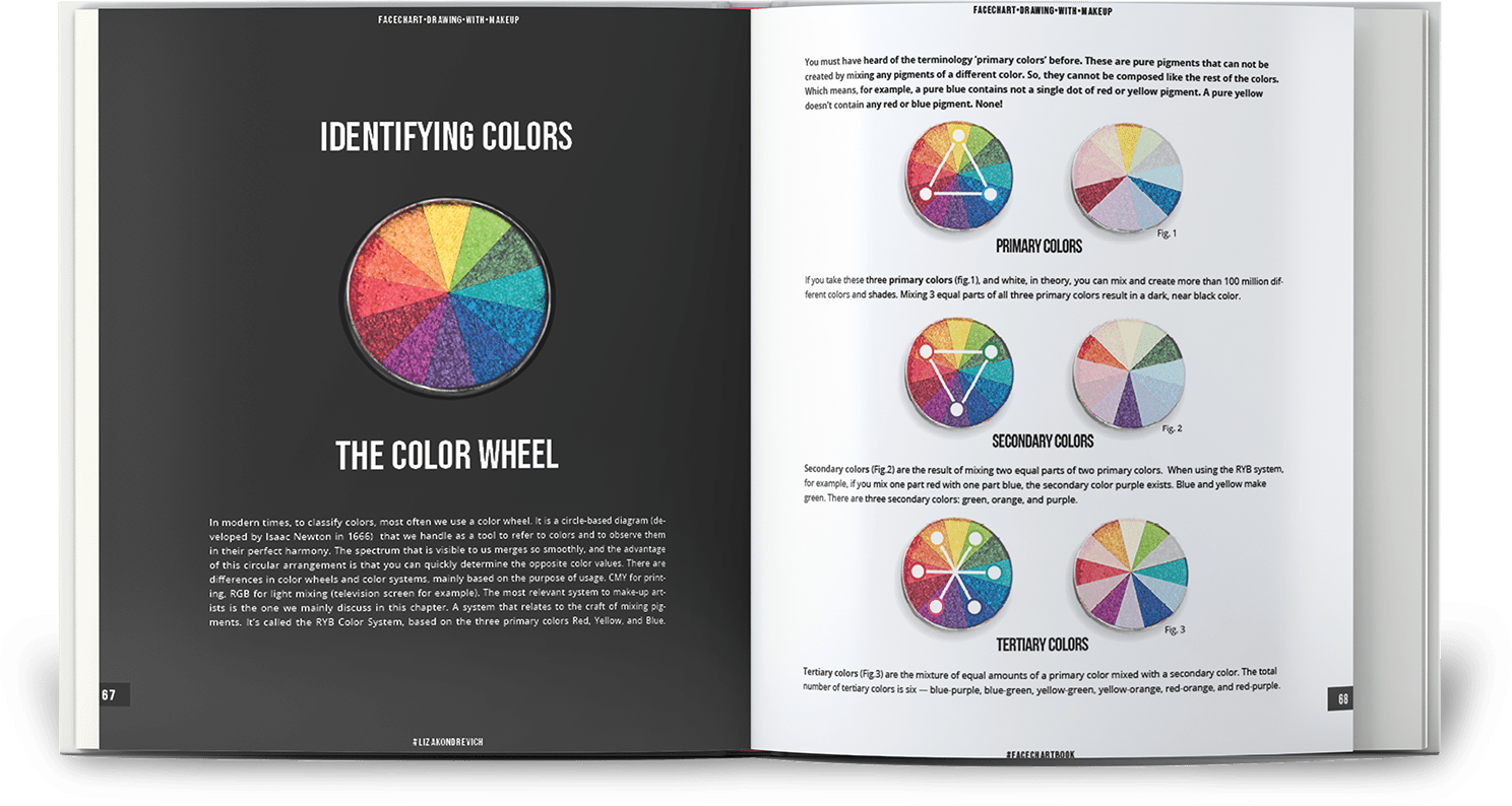 The Book about face chart makeup. The facechart book by liza kondrevich pages about colortheory showing the color wheel for makeup artists and some colorschemes