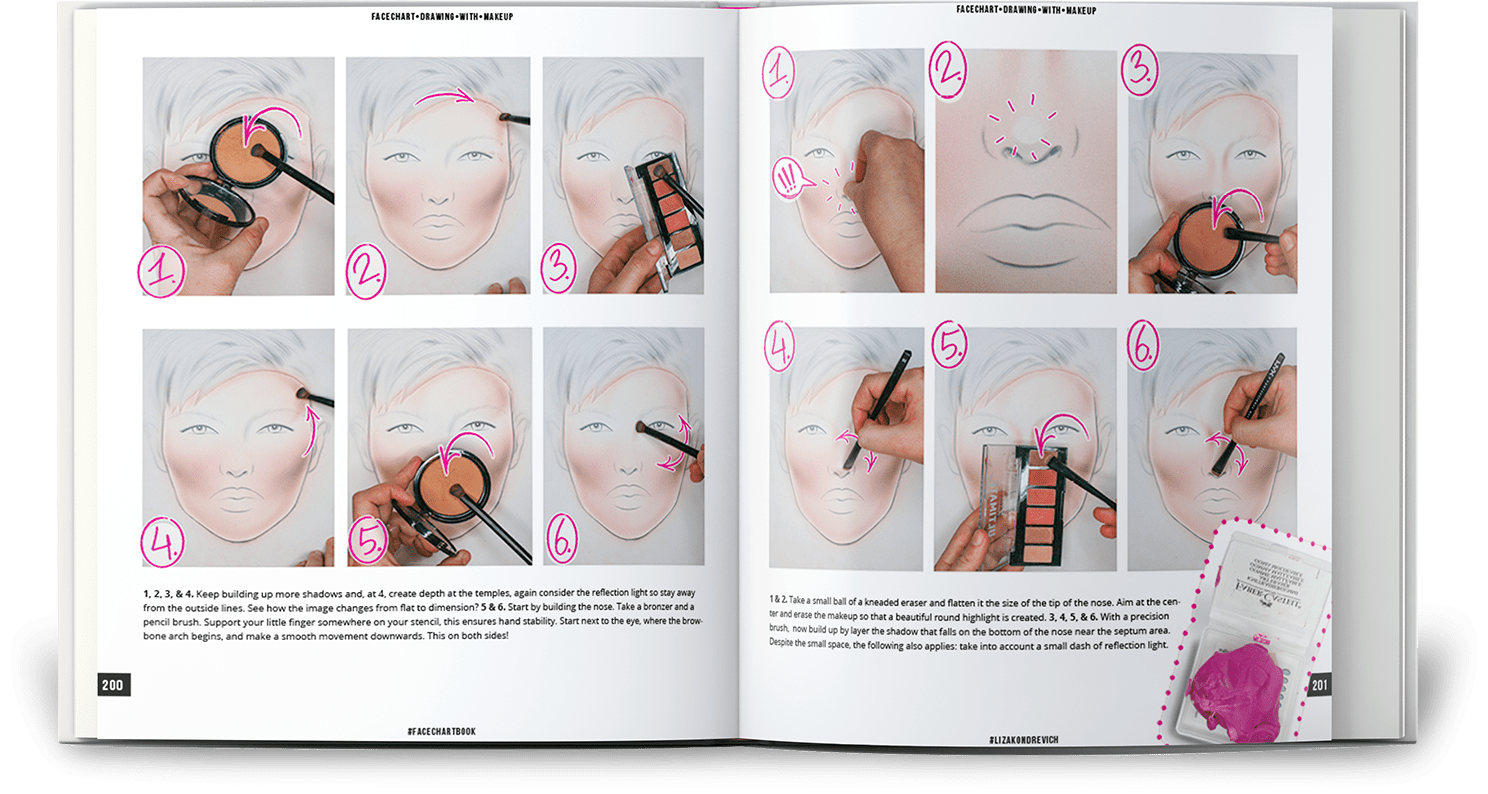 the face chart book by liza kondrevich showing step by step how to do a face chart