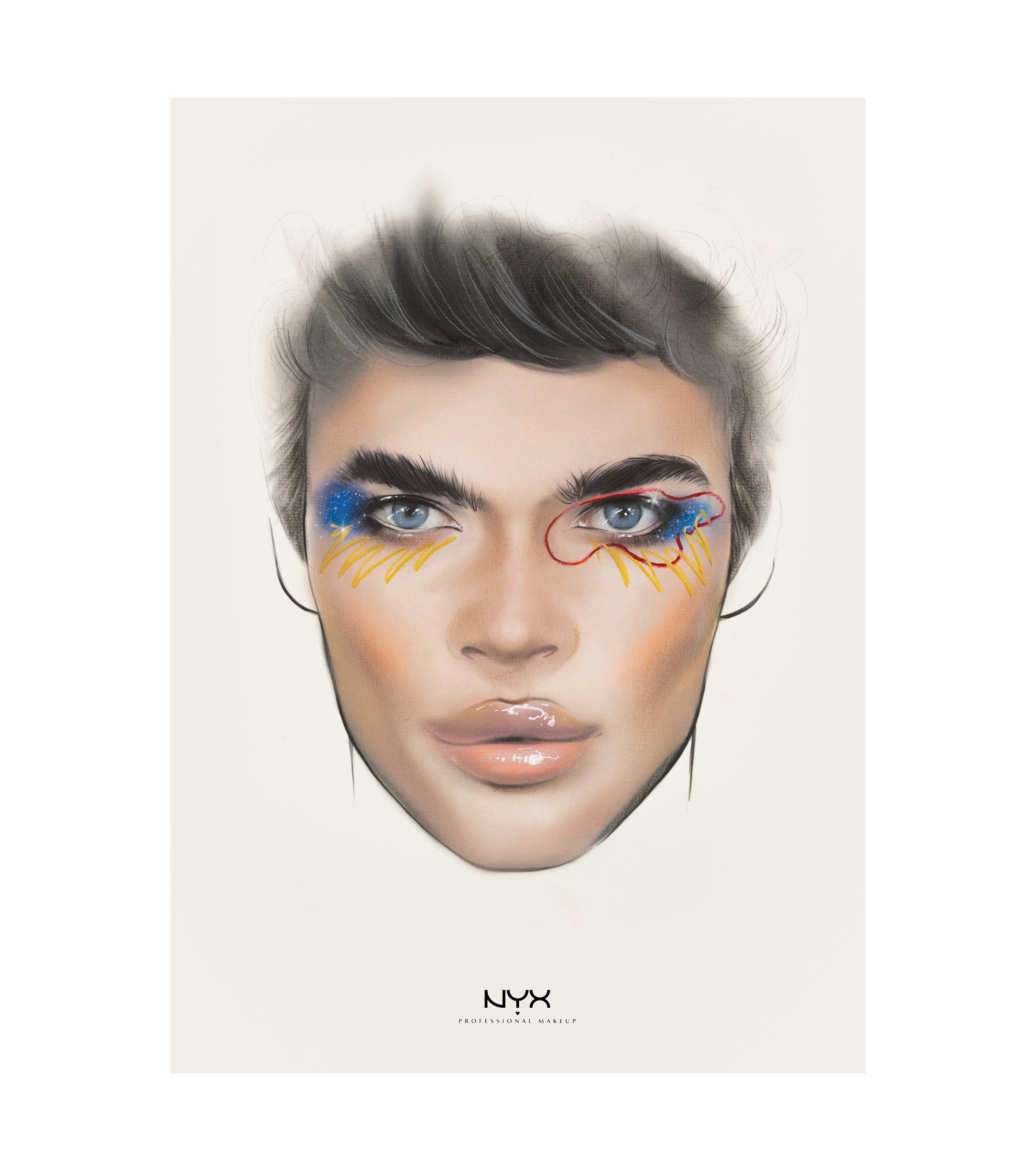 page of the Digital version of the face chart book by liza kondrevich  showing a male face chart  with graphic eye liner